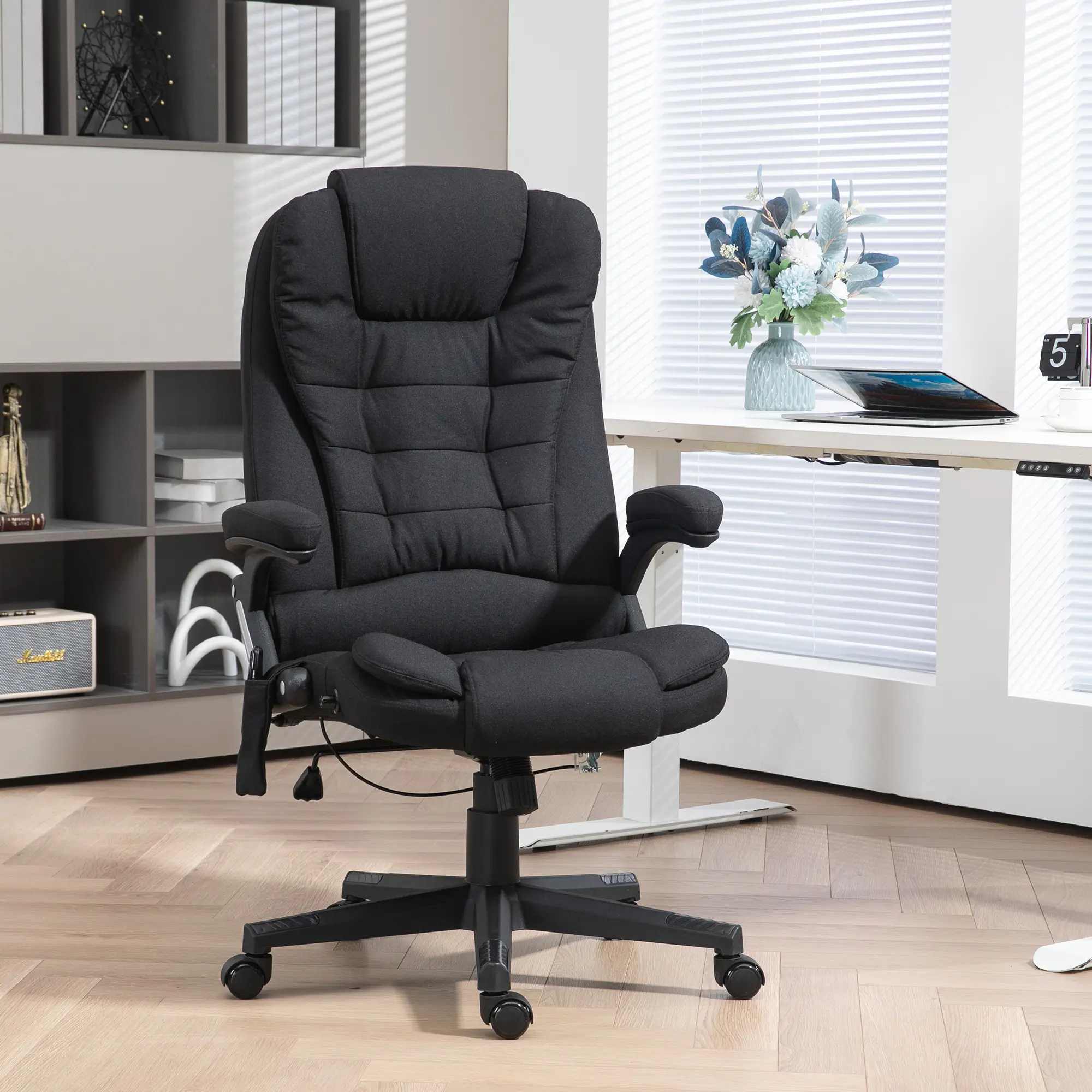 6-Point Vibrating Heat Massage Office Desk Chair, Linen High-Back Reclining Black Commercial Office Furniture Chair