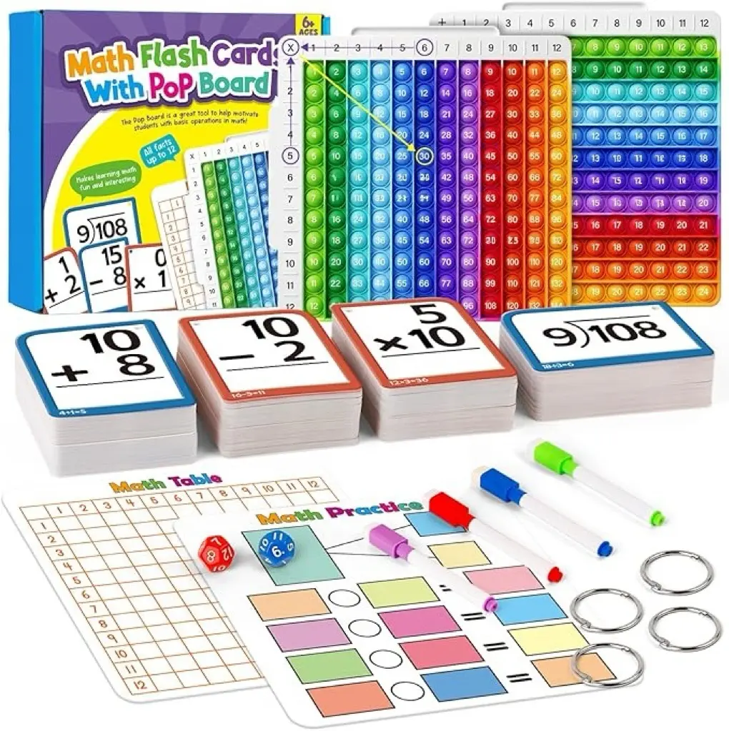 Torlam Unisex Interactive Games Maths Toys - Times Table Chart Manipulatives, Double Side Math Flash Cards Kit with Portable Storage Bag for Kids' Addition, Subtraction, Multiplication, Division Practice, Organized Flashcards Rings
