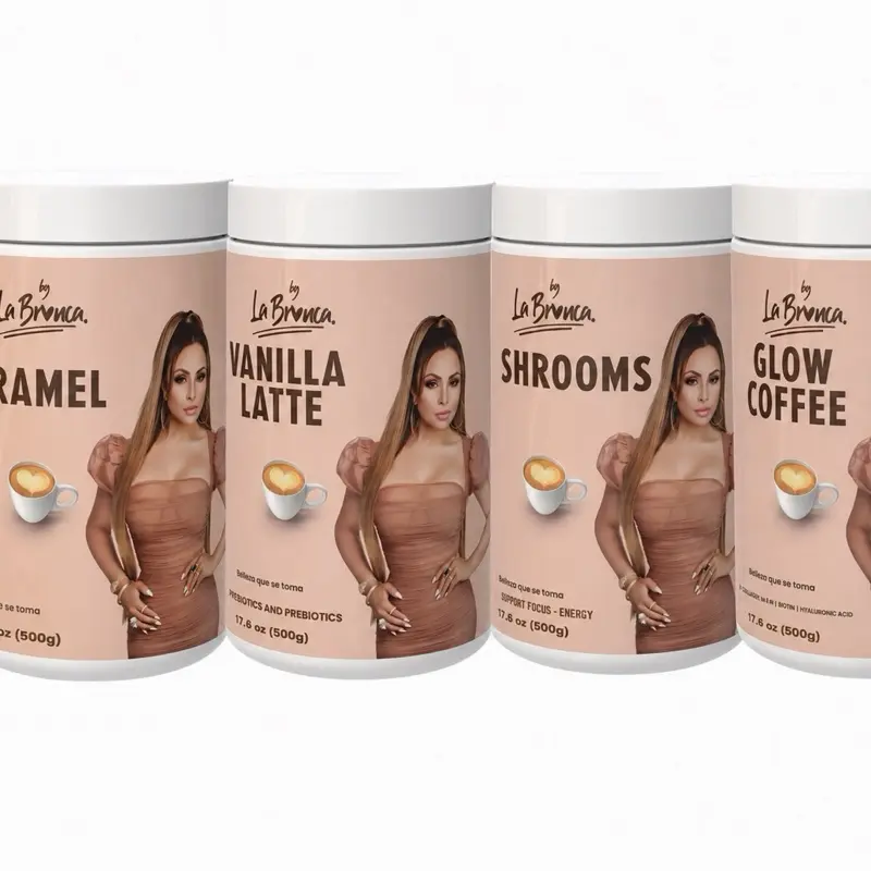 By La Bronca 4-Flavor Instant Coffee Beverage Bundle - Caramel, mushrooms , Vanilla Latte, Glow Coffee Collagen Supplement