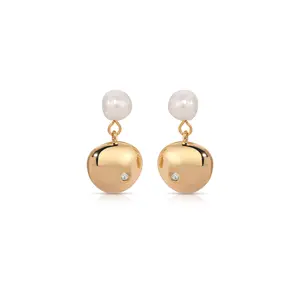 Ettika Small Pebble and Pearl Dangle Earrings with Pearl Accents and Gold-tone Finish