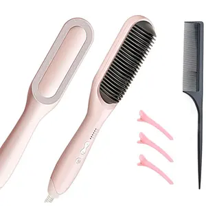 Heated Hair Brush Straightener, Flat Iron with Built-in Comb, 20s Fast Heating Ionic Hair Straightener for Women with 5 Temp Settings, Anti-Scald & Auto-Off, Pink