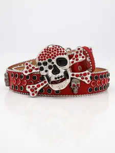 1pc Luxurious Western Cowboy PU Belt, Rhinestones Skull Buckle, Unisex Party Waistband for Daily Use, Nightclub Rock Street Style, Stylish Belts