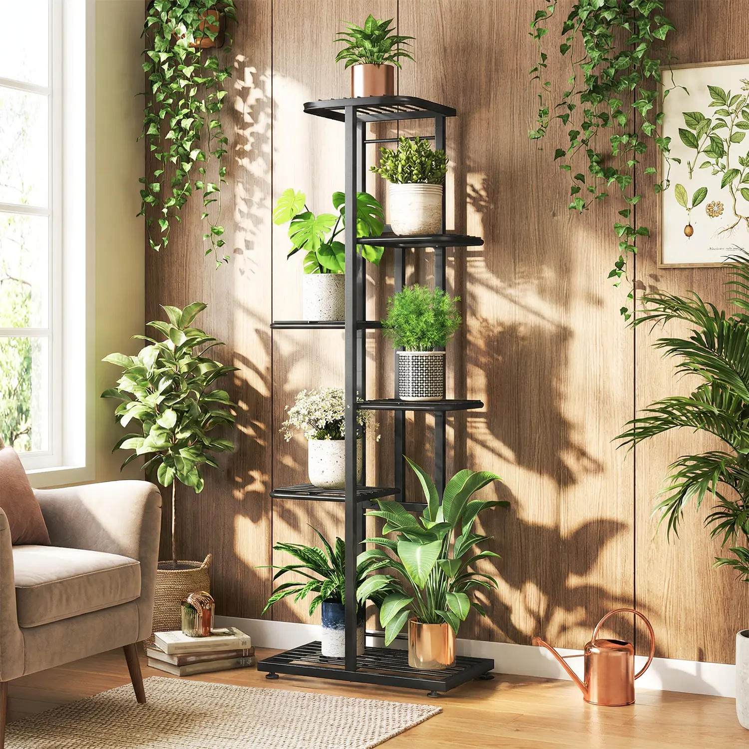 Raybee Plant Stand - 6/5/4-Tier Vertical Metal Plant Stands, Indoor/Outdoor Corner Flower Pot Holders for Patio, Living Room, Balcony, Black or White, Plant Stand Stands