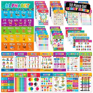 50 Vibrant Toddler Learning Posters for Toddlers 1-3 - 11x17in Matte-Laminated Educational Preschool Posters, Learning Poster for Kids Ages 3-5 Back to School Homework Helper Student Painting Supplies Sticker Decals