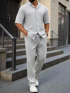 Men's Two-Piece Set, Solid Short Sleeve Shirt and Trousers, Loose Casual Comfy Outfit for Daily Wear