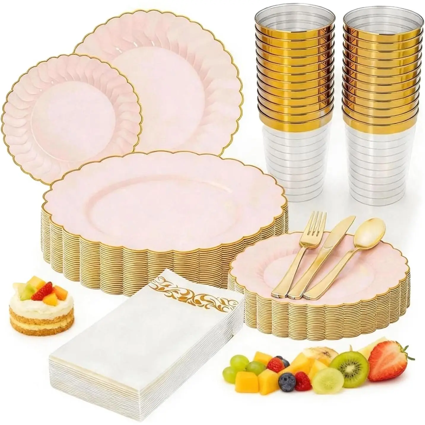 Pink & Gold Disposable Plastic Plates Set (175Pcs) for 25 Guests - Chic, Modern, Lightweight, Silver Disposable Tableware Supplies for Weddings, 75 Silverware, Chic Disposable Tableware Supplies