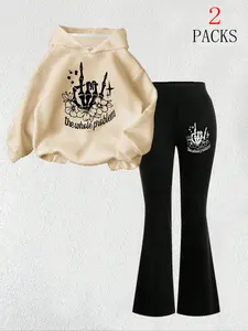 Women's Floral Skull Graphic Warm Knit Sweatshirt + Slim Fit Comfortable Flared Pants Set, Casual Fall Winter, Kangaroo Pocket Design, Outfit