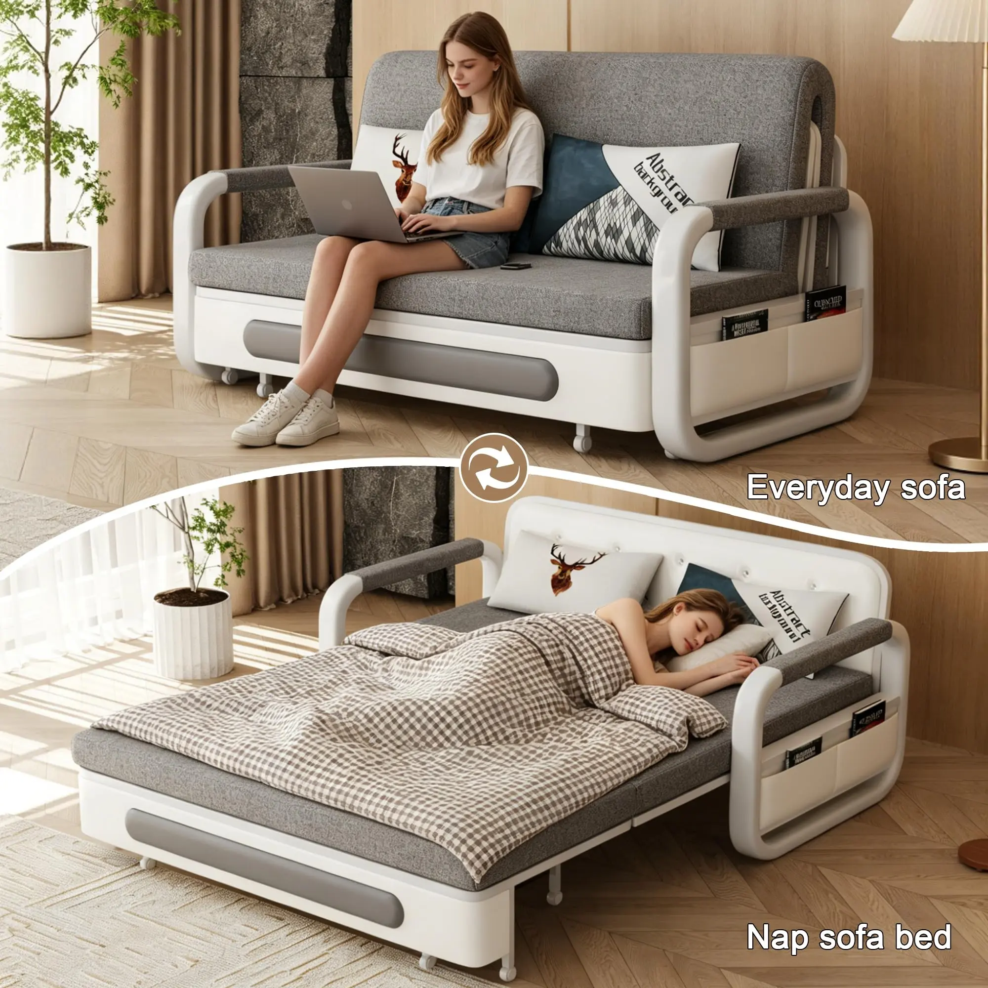 Nesscarsti 61.1" W No-Assembly Modern Sleeper Couch Futon Loveseat SofaBed, Convertible Pull-Out Bed with Pillows, Space-Saving Folding Deep-Seat Indoor Sofa for Small Spaces Bedroom