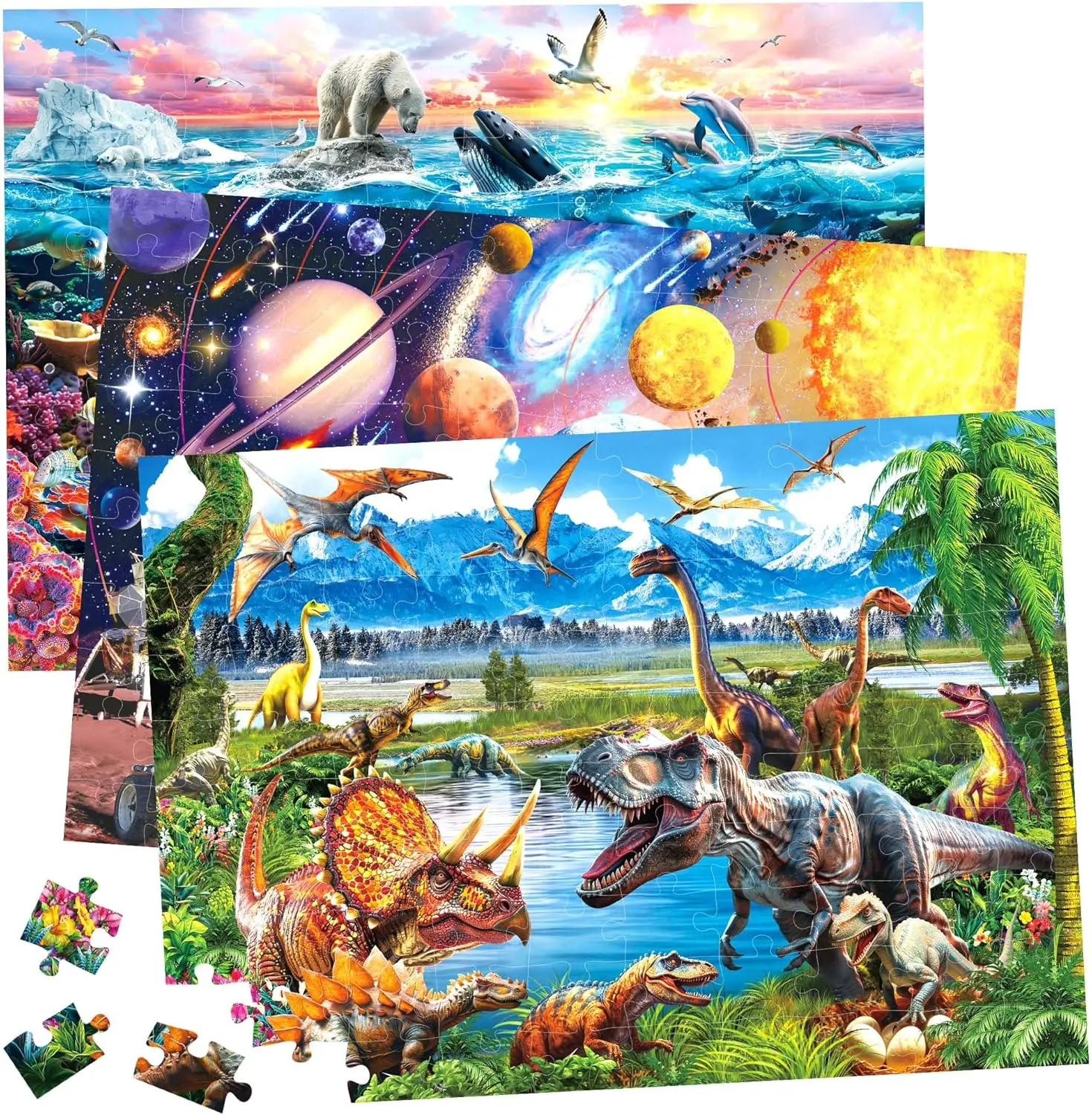 BenBen 3-Pack Kids Puzzles Ages 4-8 Dinosaurs Outer Space Ocean Life 100 Pieces Each 19.75” x 13.75” Educational Games for Toddlers & Children Safe Fun Learning Activities