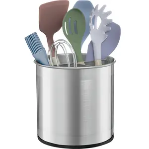 Rotating Utensil Crock with Weighted Base for Stability, Stainless Steel Utensil Caddy with Removable Divider for Easy Cleaning
