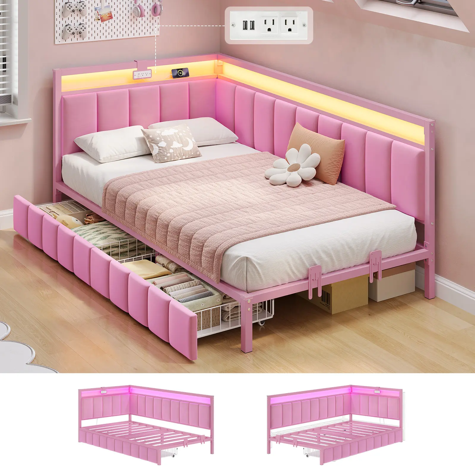 Hasuit Corner Bed Frame with Storage Drawers,  Daybed with Line Fabric Upholstered Fence, Kids Bed Unit with LED Light and Charging Station, Modern Bed Frame