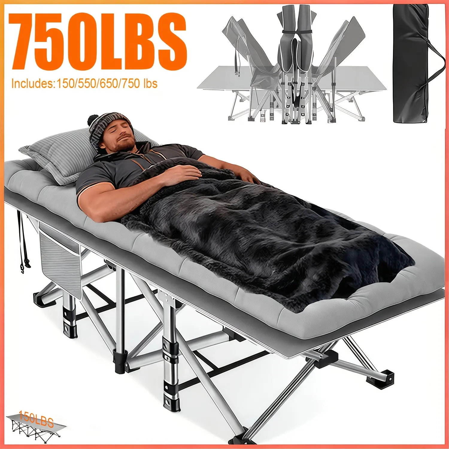 77/75/73/59 Inch Thickened Extra Large Folding Cot Including Mattress Or Without; Heavy-Duty Supports 150/550/650/750 LBS; Functions As Camping Bed, Portable Rest Bed & Spare Guest Bed; Ideal for Garden, Balcony, Beach And Outdoor Camping