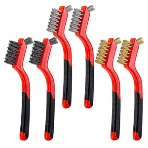 6 count Mini Wire Brush Set, Stainless Steel/Brass/Nylon Bristles Wire Brushes, Curved Handle Soft Grip for Rust, Dirt &  Scrubbing with Deep Cleaning - 7 Inches (Red)
