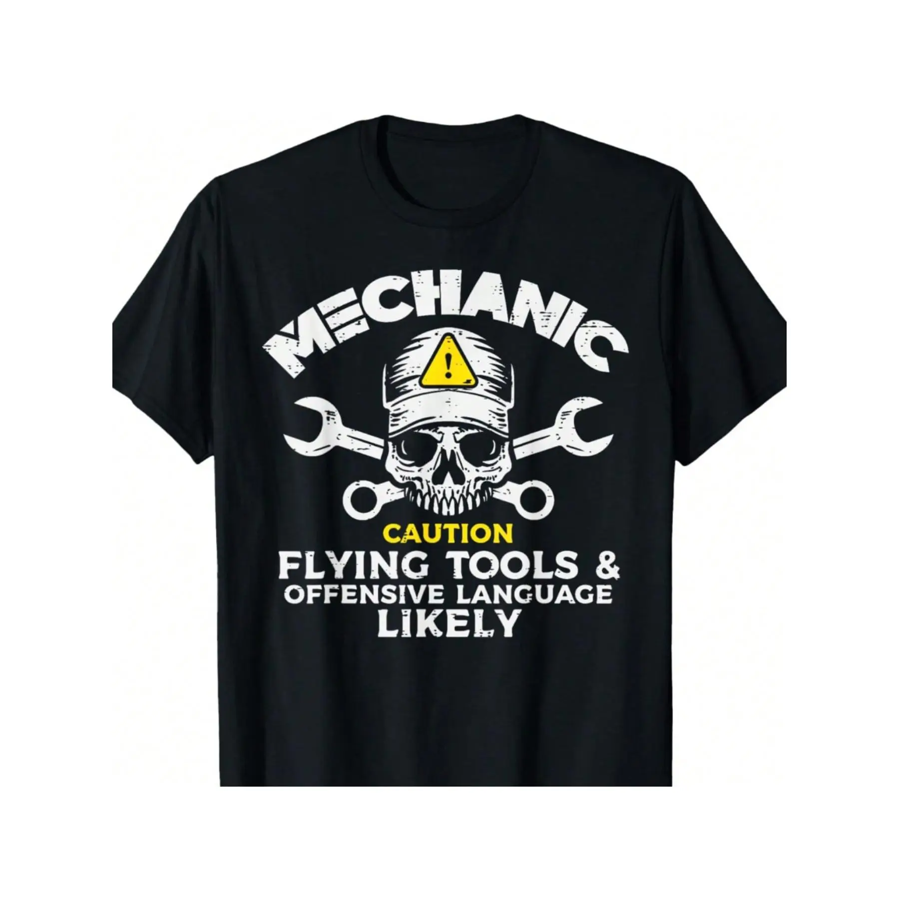 Menswear Casual Round Neck Shortsleeve Top - Funny Mechanic Skull Wrench T-Shirt, Caution Flying Tools Humor Tee
