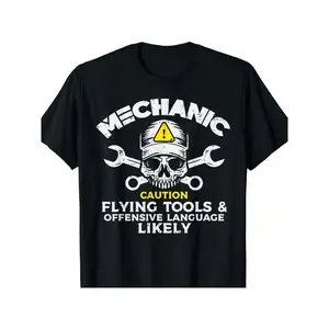 Funny Mechanic Skull Wrench T-Shirt - Caution Flying Tools Humor Tee