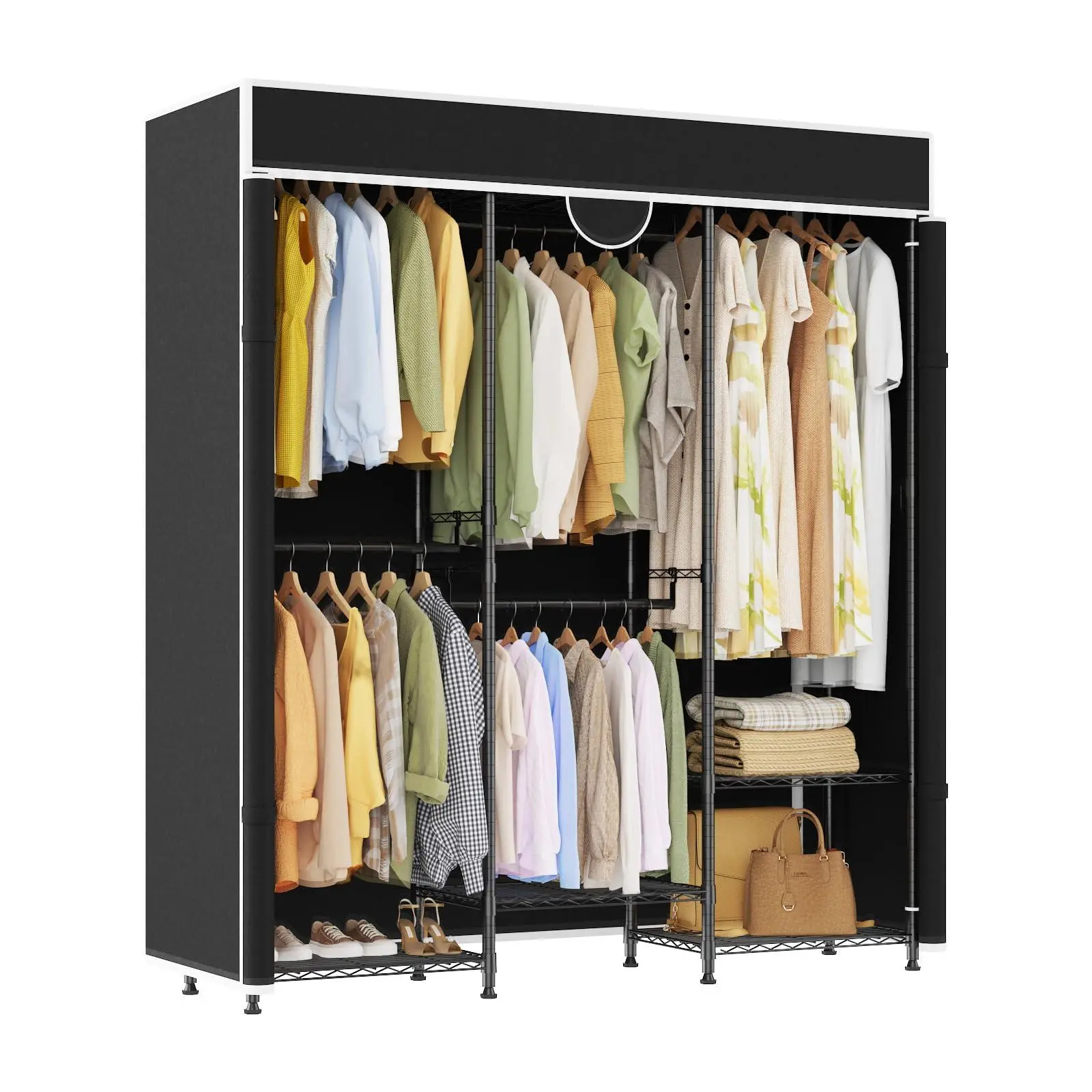 Heavy Duty Carbon Steel Portable Closet, 1100lbs, Adjustable | Carbon steel rack, adjustable shelves/rods, zippered dustproof cover, side hook，76.46" tall, freestanding.