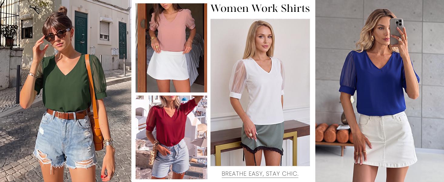 PRETTYGARDEN Womens Tops Dressy Casual Puff Sleeve Chiffon Blouses V Neck Business Work Shirts Summer Fashion Clothing