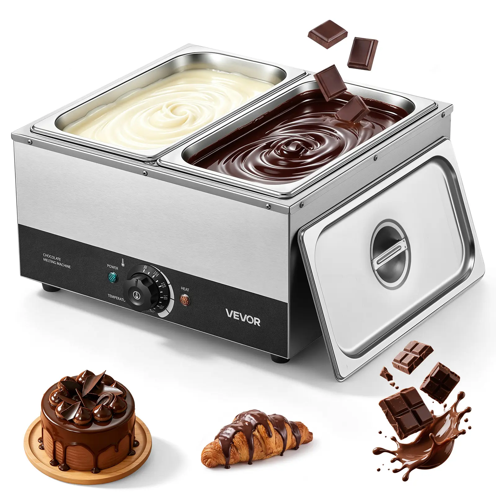 VEVOR Chocolate Melting Machine, 2 Tanks 17.6 Lbs Choc Commercial Melter, 1200W High Power, Water Bath Heating System, Stainless Steel Body, 86℉- 185℉ Temp Range, Chocolate Warmer for Cheese Milk