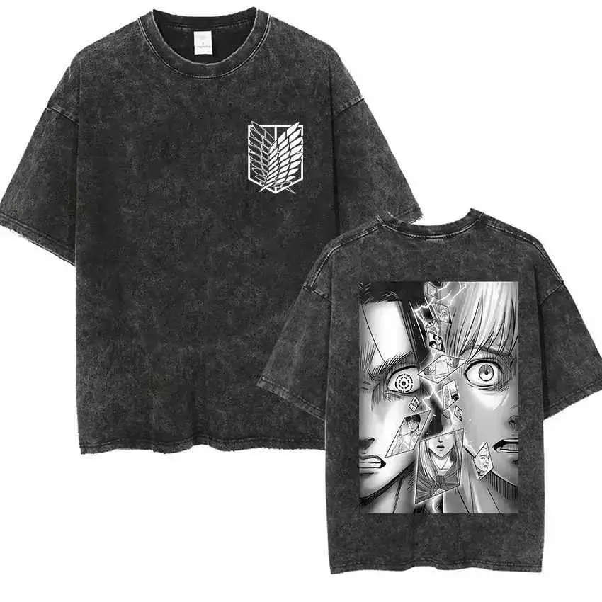Menswear Round Neck Attack on Titan Shirt - Eren and Armin Manga Panel, Wings of Freedom, Vintage Acid Wash Graphic, Short, Stylish, Casual Oversized Unisex Harajuku Streetwear Tee, T-Shirt