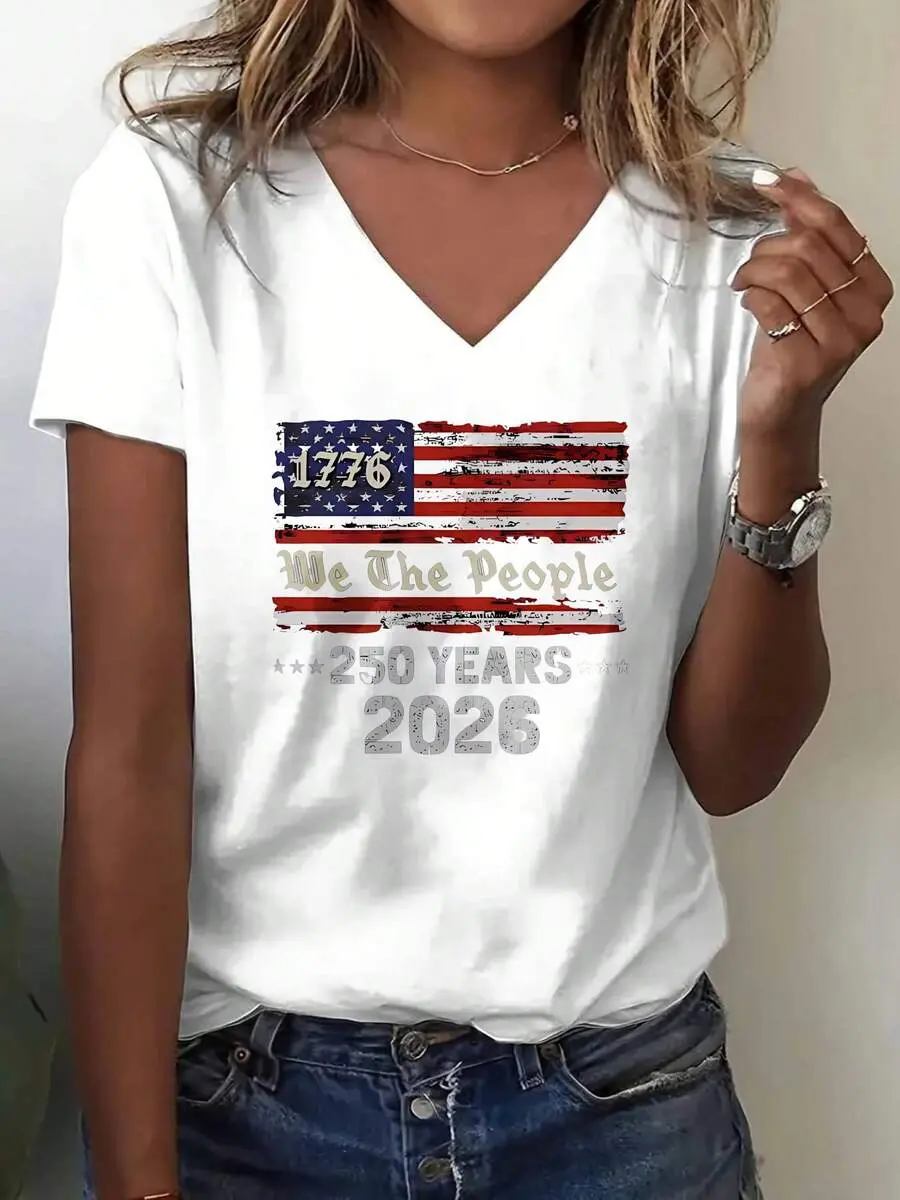 Women's Short-Sleeve V-Neck T-Shirt - White, American Flag "We The People" 1776 250 Years Independence Day Celebration, Casual Top with Comfortable Fabric & Flattering Fit, Shortsleeve, Stars And Stripes, American-Themed Graphic Style, Lady, All American