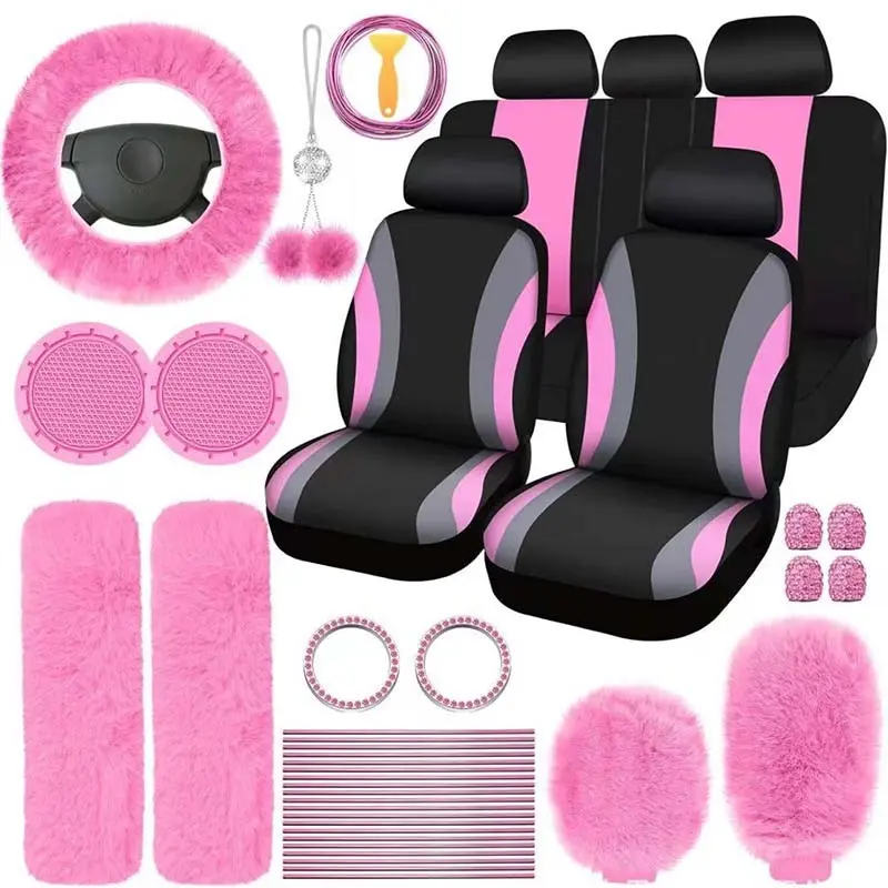 45pcs Car Seat Covers & Interior Accessories Set: Thin Polyester Five-Seat Covers, Plush Steering Wheel Cover, Shoulder Pads, Gear Shift Knob Cover, Rearview Mirror Ornaments, Cup Coasters, Tire Valve Caps, Stitching Trim Strips