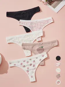 DORSU 5PCS Cotton Strawberry Print Sweet Cute Women Thong Bowknot Low Waist Comfortable Panties for Everyday Wear Soft Minimalist Knicker Breathable Briefs