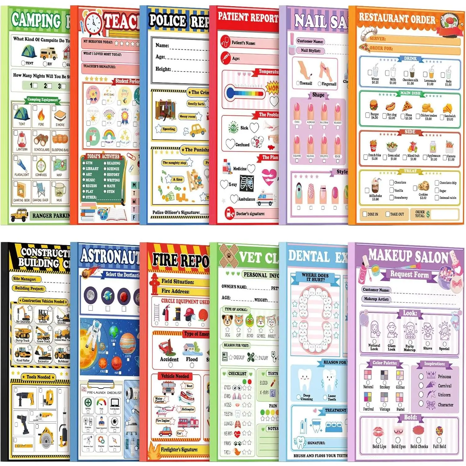 12 Pack  Pretend Play Notepads 4 x 6 Inch Playtime Pads for  40 Pages Pretend Notebooks Imaginative Role for  (Mixed)