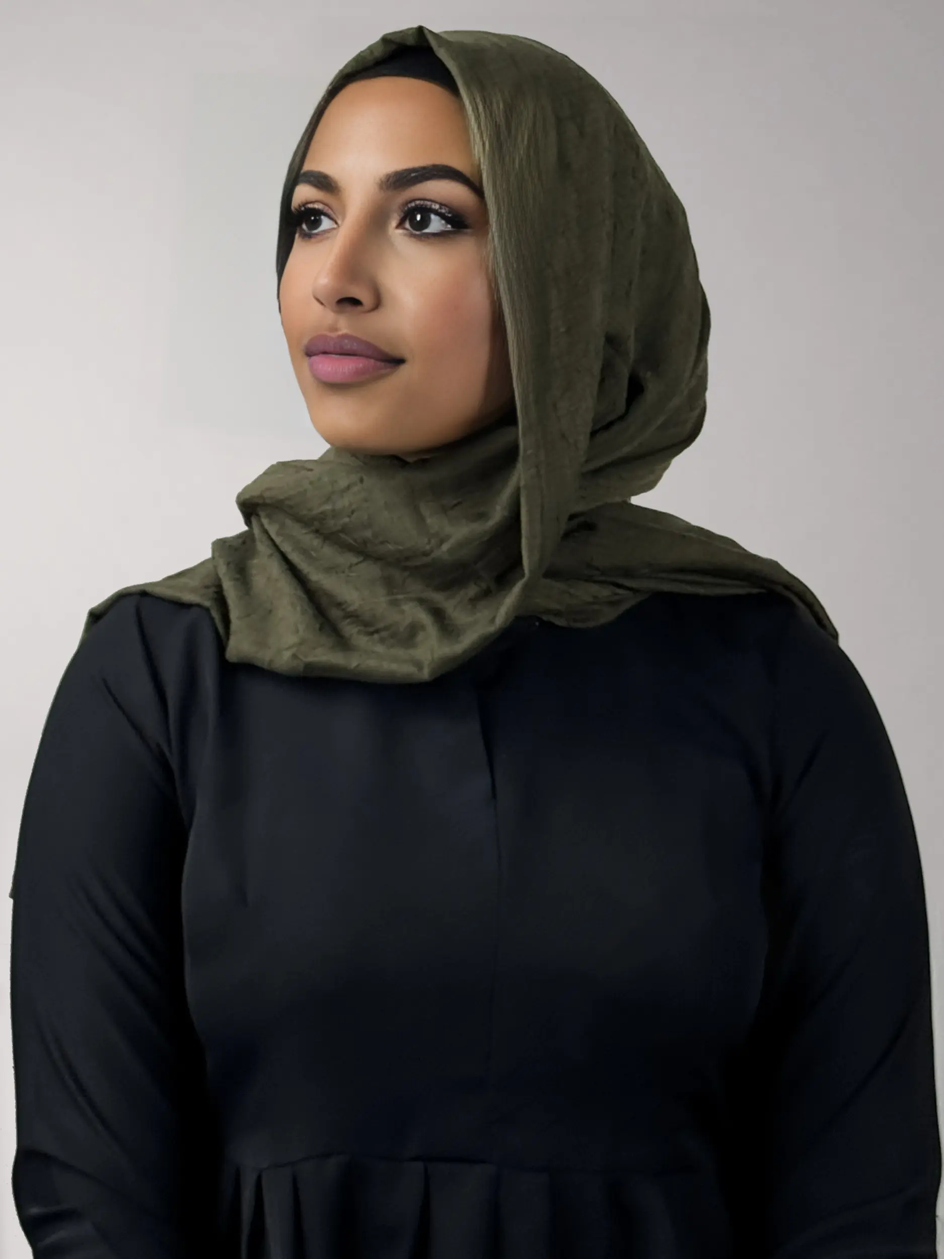 Olive Crinkle Dark Green Lightweight Bamboo Shawl with All-Over Crinkled Texture for Classic Hijab or Chic Necktie Style