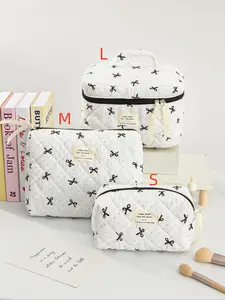 Polka Dot & Bow Knot Pattern Makeup Bag, Large Capacity Cosmetic Storage Bag with Handle, Cute Bow Knot Design Handheld Cosmetic Pouch, Skincare Bag for Woman, Travel Makeup Pouch, Travel Accessory, Beauty Storage Pouch