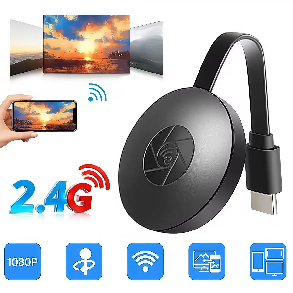 Wireless HDMI Display Adapter, Screen Mirroring Adapter, 1080P HD Video Casting, 2.4G WiFi Plug & Play, Miracast Airplay DLNA, Low Latency Sync, Works perfectly with smartphones tablets laptops for streaming to TV projector monitor