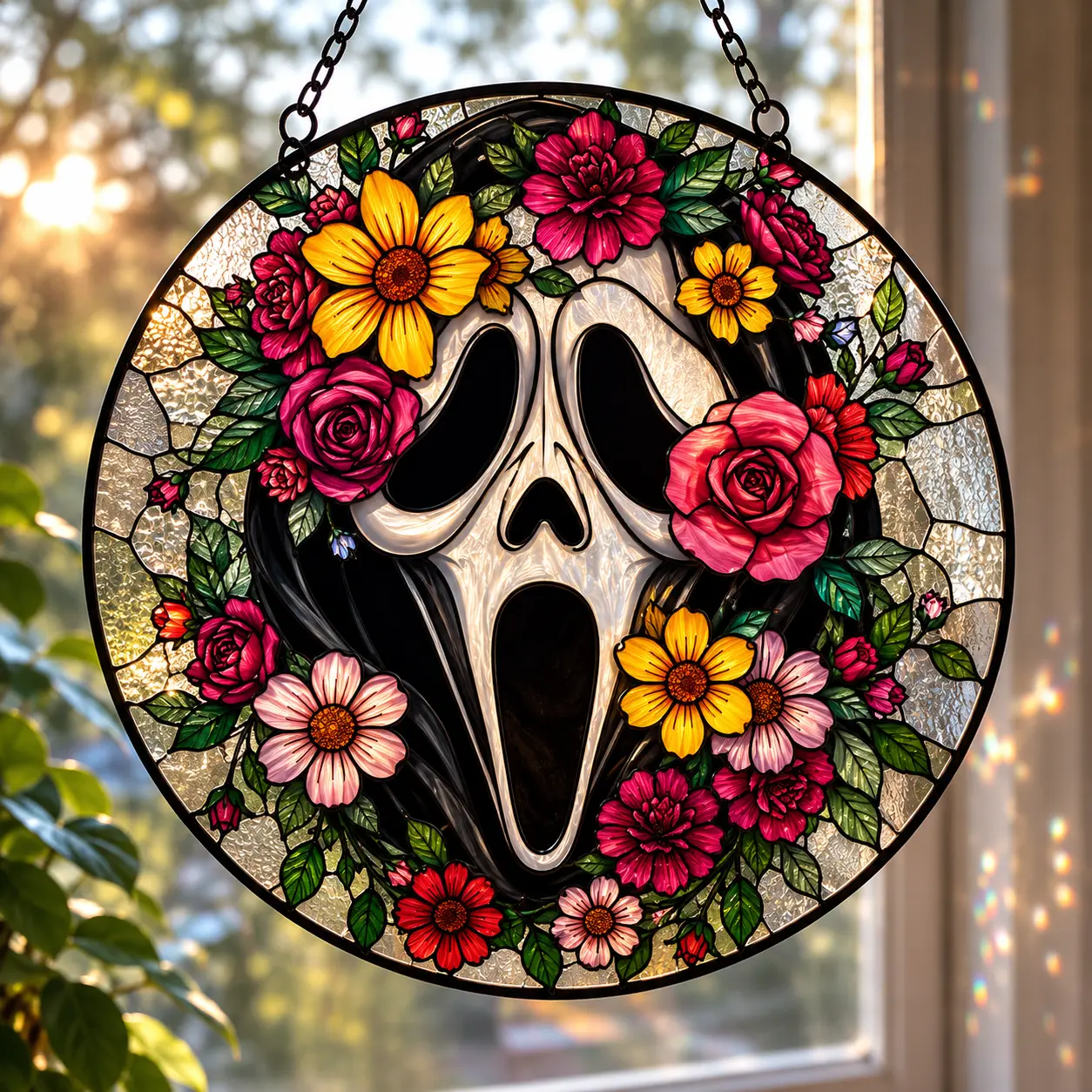Scream Ghostface Killer Floral Faux Stained Glass Window Suncatcher - Spooky Cute Botanical Halloween Decor Featuring Roses & Sunflowers - Perfect Pastel Goth Gift for 90s Horror Movie Fans