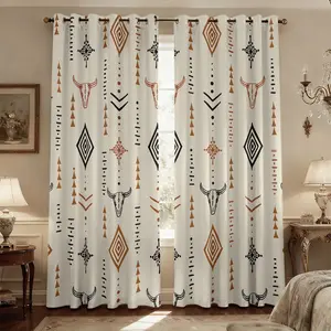 2 panels Aztec Bull Skull Curtains, Traditional Style, Denim Boho Design, Durable Polyester Fabric, Home Decor for Bedroom & Living Room, Home Decoration Curtain, Window Curtain, Window Drapes
