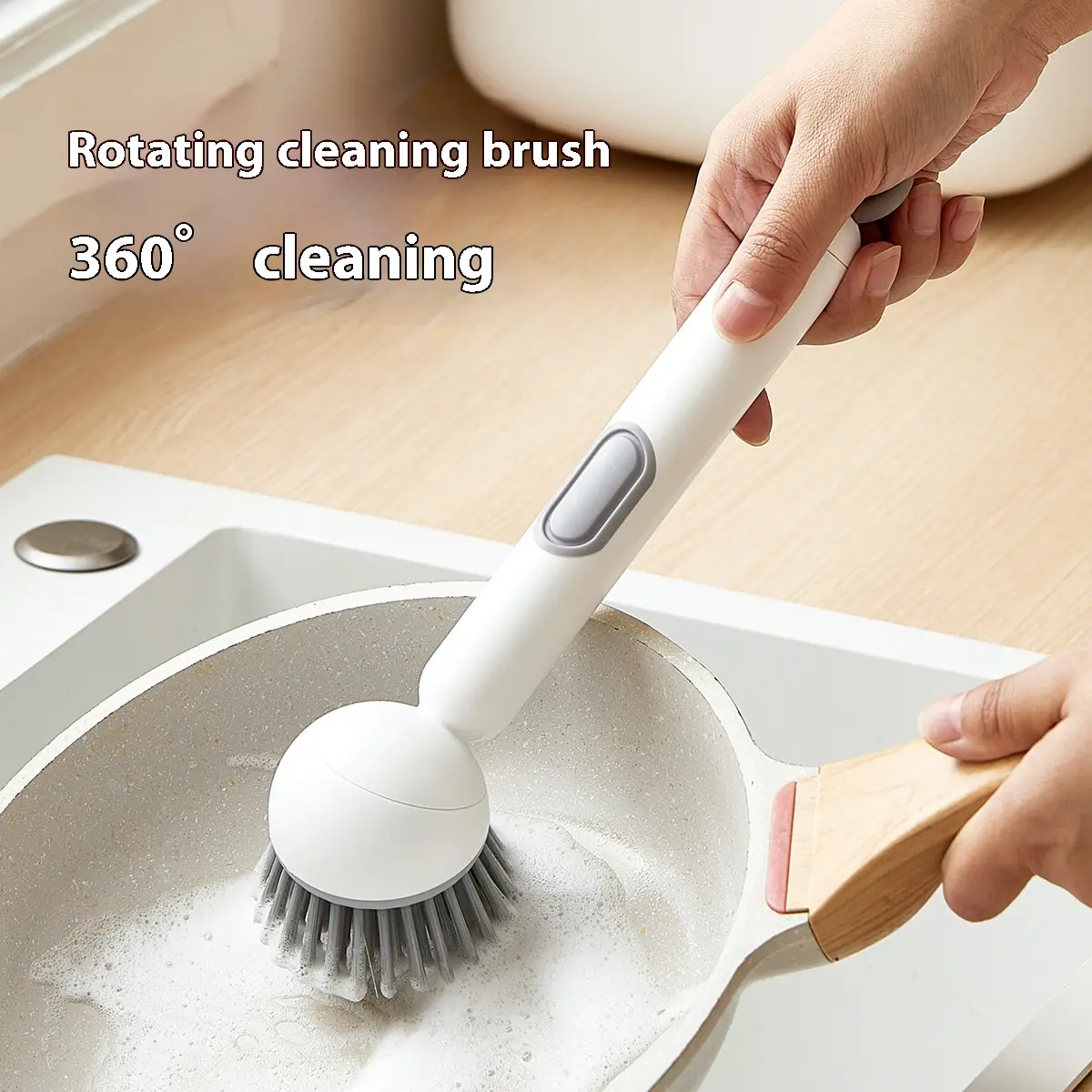 6-in-1 Dish Brush with Detergent Dispenser 360° Rotating Scrub Adjustable Angles for Pots Pans Dishes & Utensils Wall Mount Kitchen Sink Stove Cleaning Ergonomic Handle Anti-Slip Grip PET Material