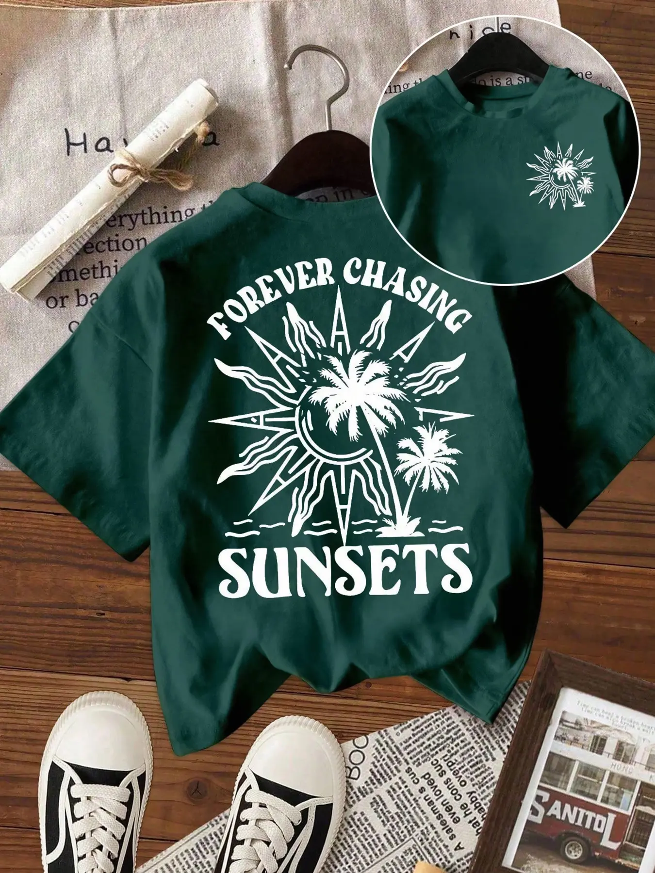 Women's Sunset Graphic Print Round Neck T-Shirt, Casual Loose-Fitting Top, Perfect for Daily Vacation Outdoor Wear, All-Season Women's Tee, Casual Fashionable Top