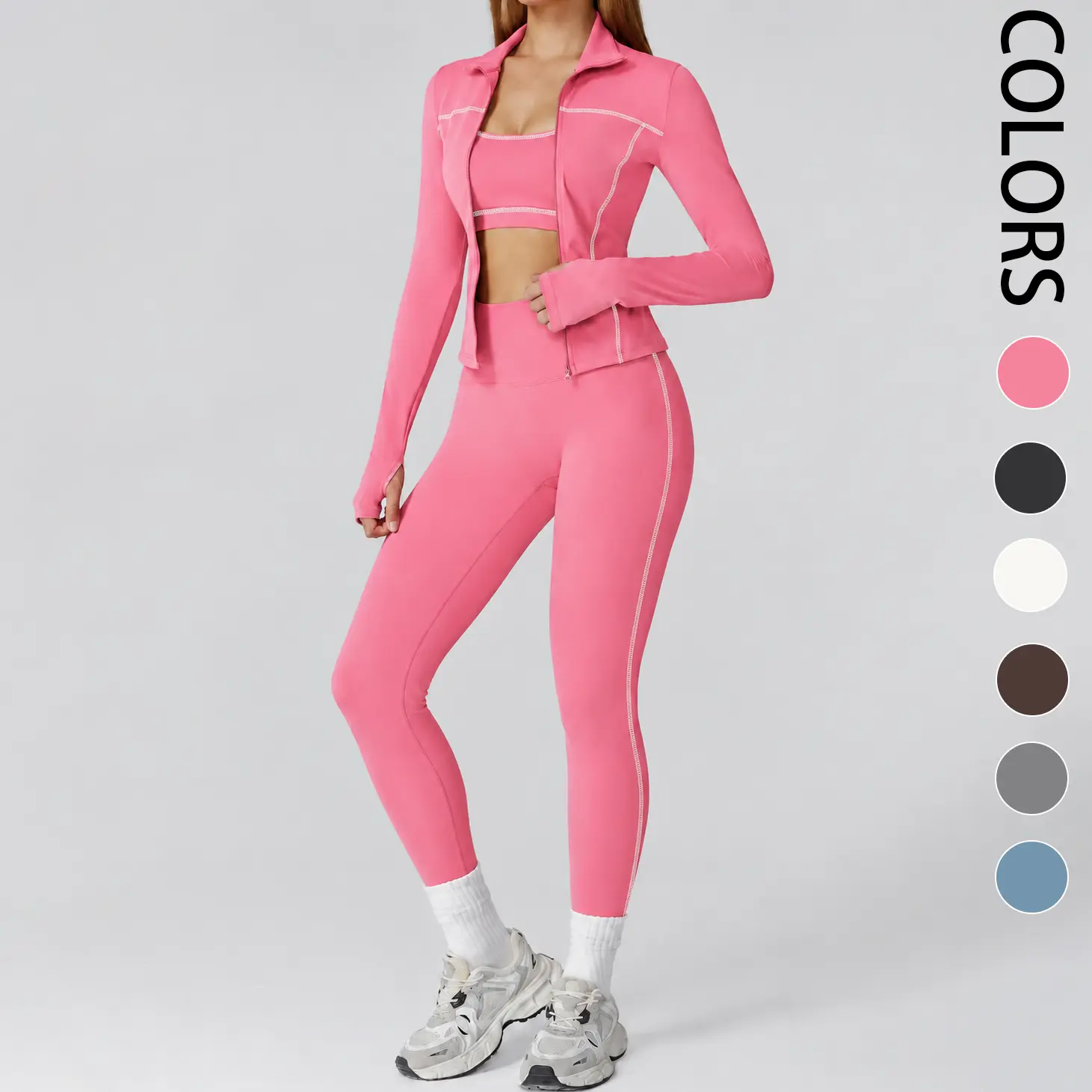 Women’s 3 Piece Workout Set Pink Activewear Set Long Sleeve Zip Jacket Sports Vest High Waisted Leggings Yoga Gym Fitness Outfit Seam Detail