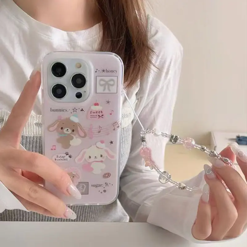 IPhone13/14/16/17 Pro Max | Musical note Big Ear Rabbit | Chain | Best Friend Gift | Crystal Transparent White Light Painting Protective Cover for iPhone 11 12 13 14 15 16 17 Pro Max, Protective Casing
