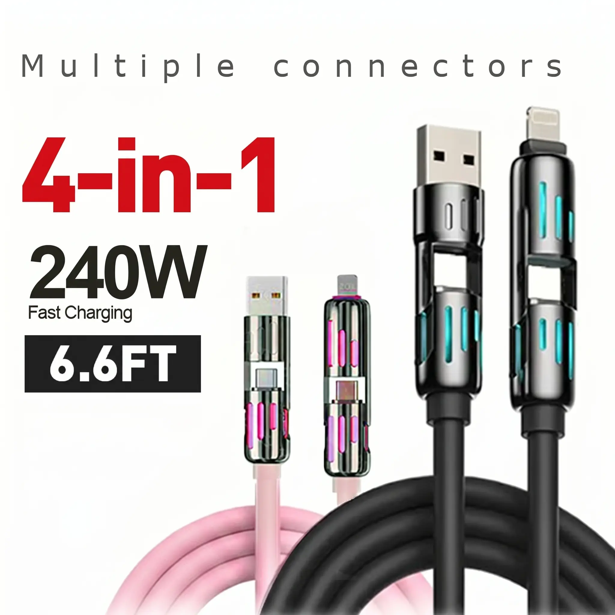 Monio 4-in-1 240W Silicone Waterproof Alloy USB-C Mobile Cable (4-Pack, 6.6ft) - RGB Glowing High-Speed Charging Cord for iPhone 16, Samsung, MacBook, Smartphone, Cellphone - Travel & Home Use