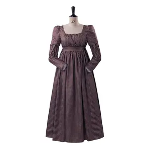 Victorian-era brown high-waisted tea party striped regency dress, suitable for daily stage Halloween costumes