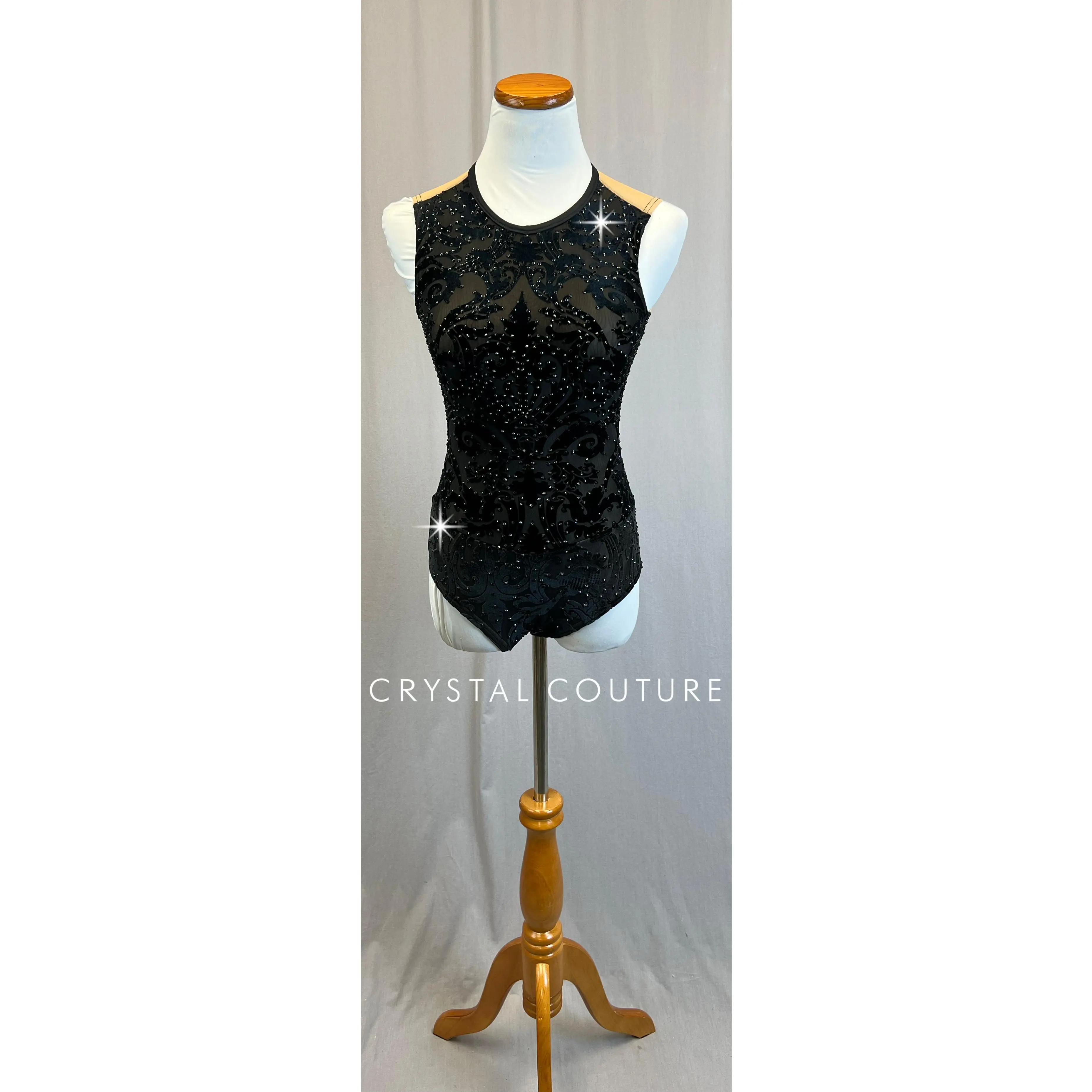*Custom* Black Ornate Velvet Leotard with a Mesh Back - Rhinestones