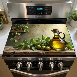 Olive Oil Bottle Fresh Herbs Fruit Pattern Rubber Stove Protector, Heat Resistant, Non-Slip, Water Absorbent, Easy Clean, Home Kitchen Pad, Kitchenware