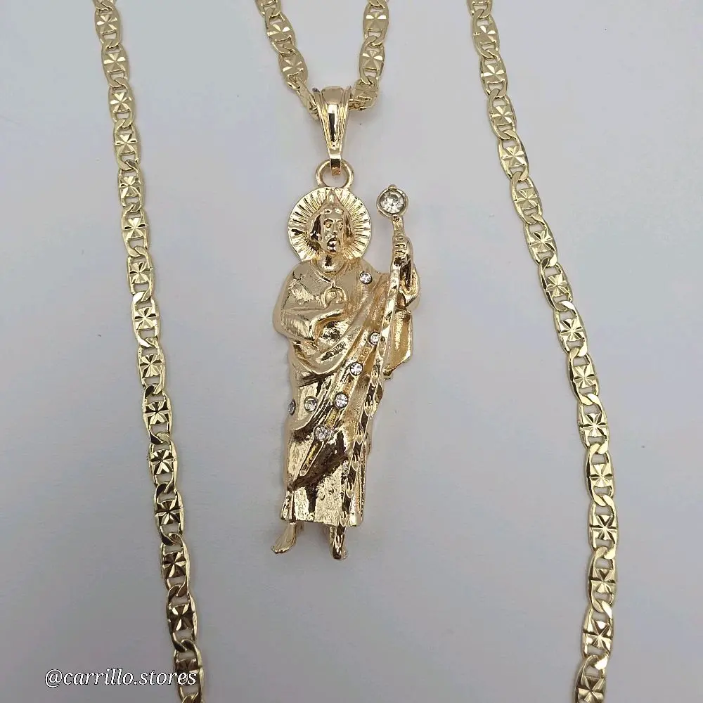 SAINT JUDE religious necklace regular style chain gold-plated 24"inches clear stone's 3"inches pendant