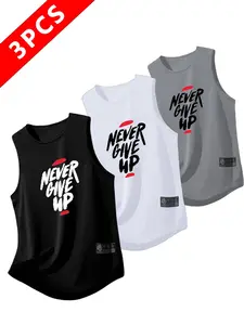 Men's Letter Pattern Print Breathable Polyester Sports Fitness Vest Set, Workout Vest, Sleeveless Round Neck Top for Gym Running Home Outdoor Casual Summer Wear Lightweight Vest