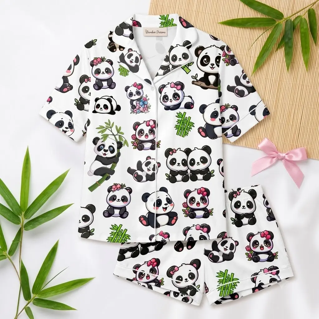 Women's Cute Panda Print Pajama Set - Soft 2-Piece Short Sleeve Button Down Sleepwear & Shorts. Comfy Summer Loungewear PJ Set, Kawaii Animal Nightwear for Ladies & Teens. Casual Home Wear, Bamboo Pattern Sleep Shirt Matching PJs Gift for Panda Lovers