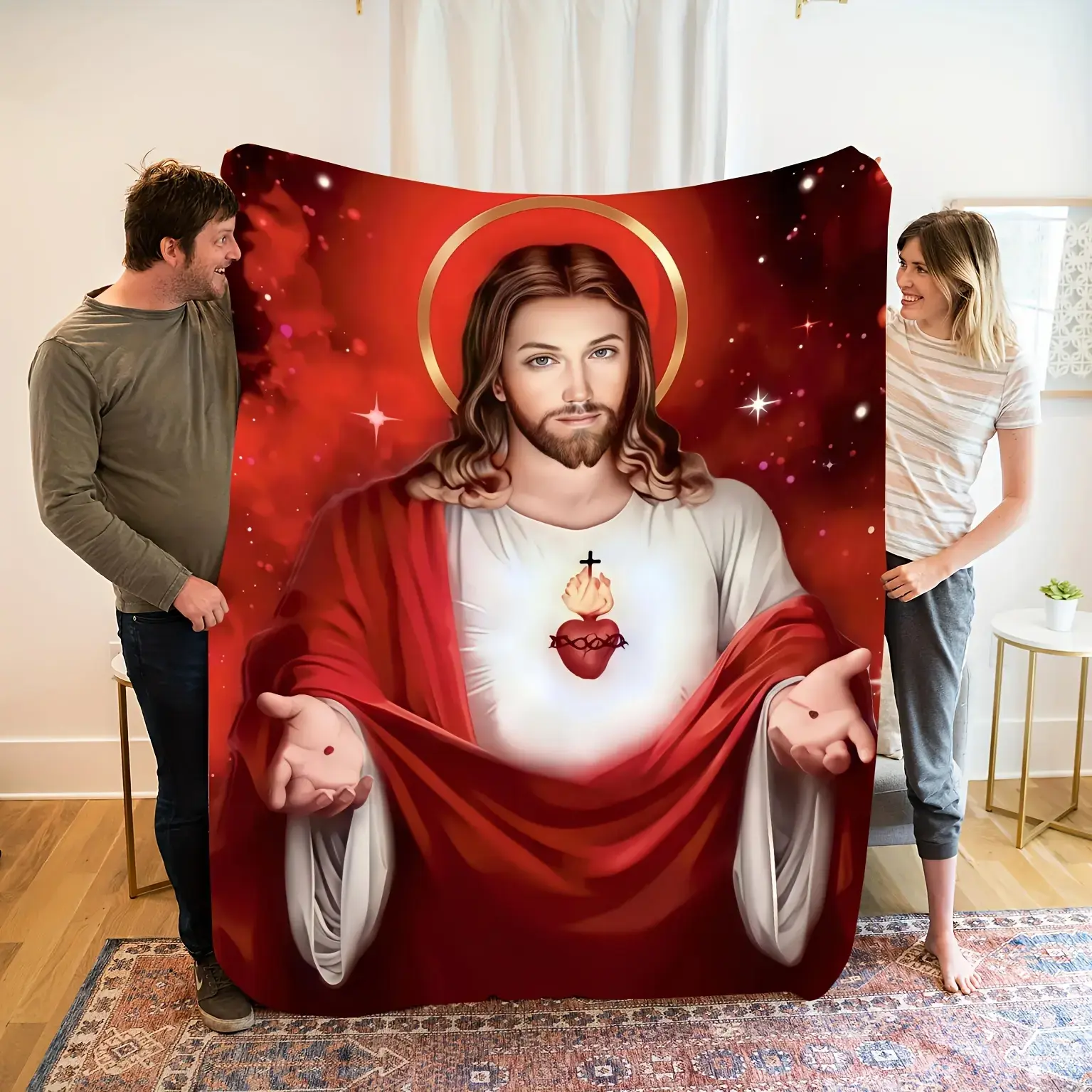 Saint Jesus Sacred Heart Flannel Blanket, Warm and Comfortable Religious Theme Home Ornament Blanket, with Elegant Red and Sacred Design,Wedding Anniversary Commemorative Gift,Baptism Gift For ,Holiday Gift Spoppers