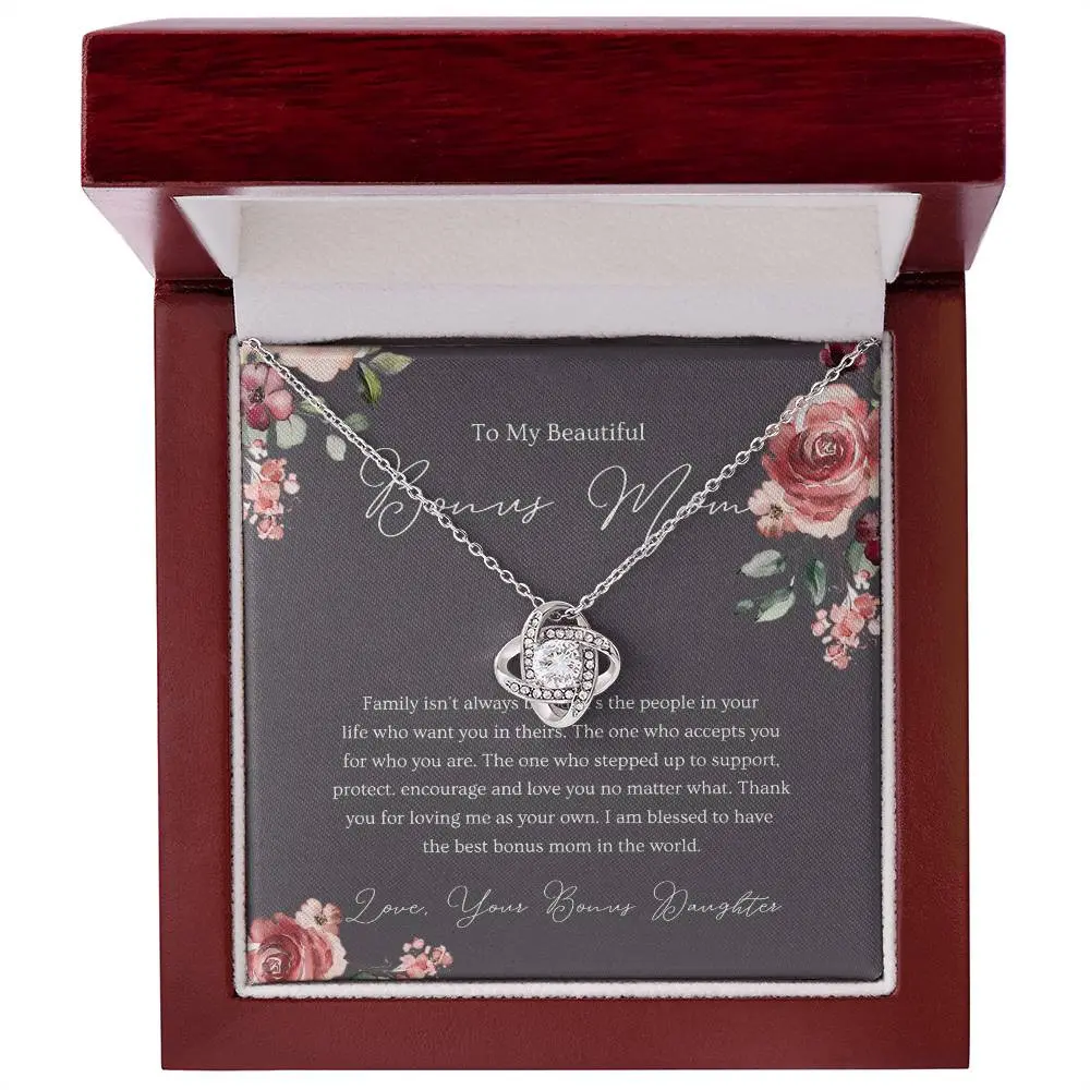Bonus Mom Necklace Infinity Heart Pendant with Card Stepmom Appreciation Gift for Mothers Day Birthday Christmas or Wedding