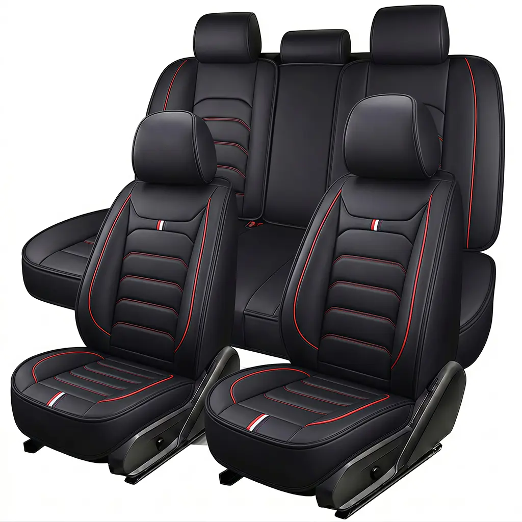 5 Seat Nappa Breathable Leather Universal Auto Car Seat Covers Full Set Perforated Front Rear Split Bench 5 Seat Full Cushion Protector Interior Decoration Fit for Most Cars SUV Truck Sedan with Head Pillows and Lumbar Support