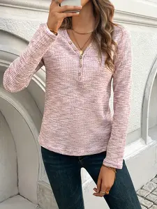 Women's Button V-Neck Long Sleeve T-Shirt, Stylish Casual Top, Comfortable Daily Wear, Perfect for Fall & Winter Season