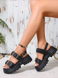 2026 New Trendy Ruched Strap Platform Sandals - Adjustable Ankle Buckle, Non-Slip Lug Sole, Comfortable for Shopping Festival Daily Wear