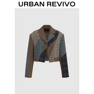 URBAN REVIVO Women's Paneled Plaid Fitted Long Sleeve Coat - 2025 Fashion Women's Clothes, Versatile Casual Everyday Outerwear