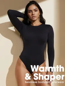 Women's Plain Long Sleeve Cropped Compression Shapewear Bodysuit, Seamless Thong Design, Round Neck Tummy Control Shapewear , All Season Comfortable Fit